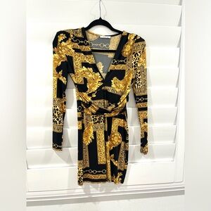 Black and gold, long sleeve mini dress